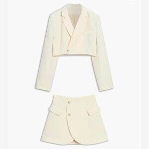 Commense Cropped Blazer Two Piece Wrap Skirt Set